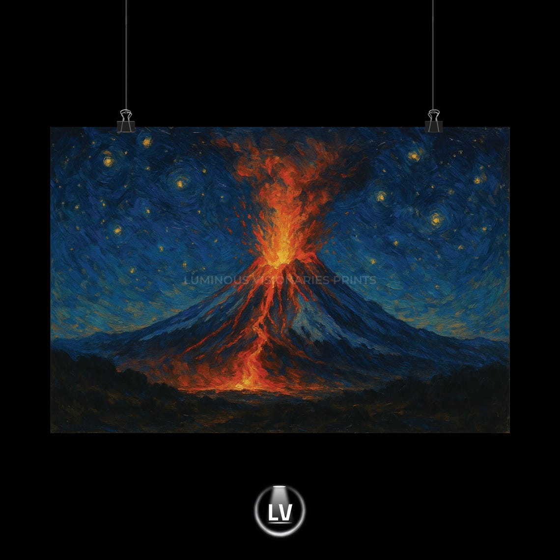 Erupting Volcano Under Starry Night Sky Dramatic Oil Painting Poster