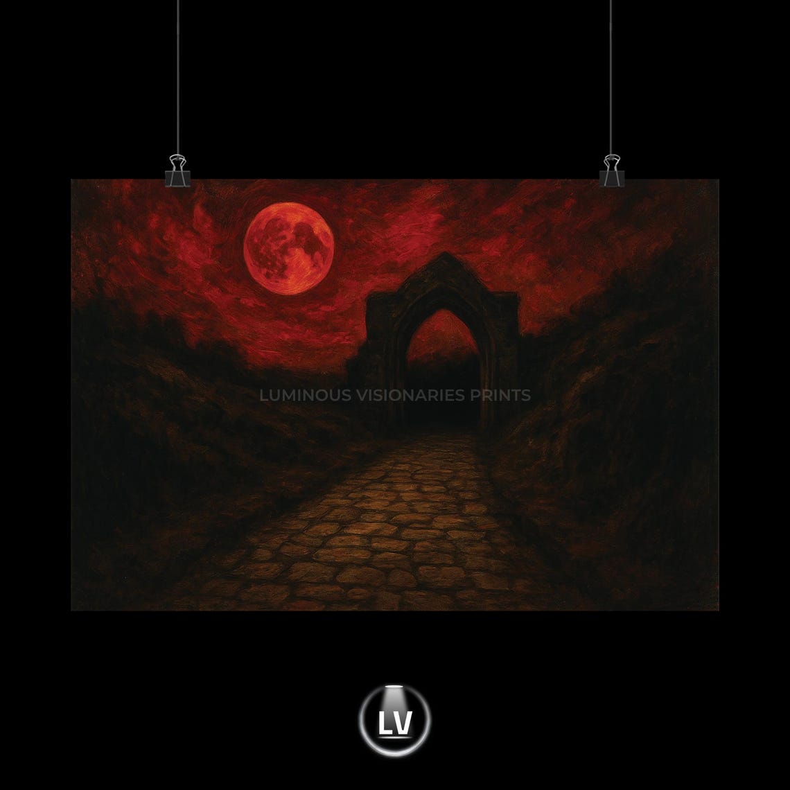 Blood Red Moon Gothic Archway Dark Horror Night Poster Moody Oil Art