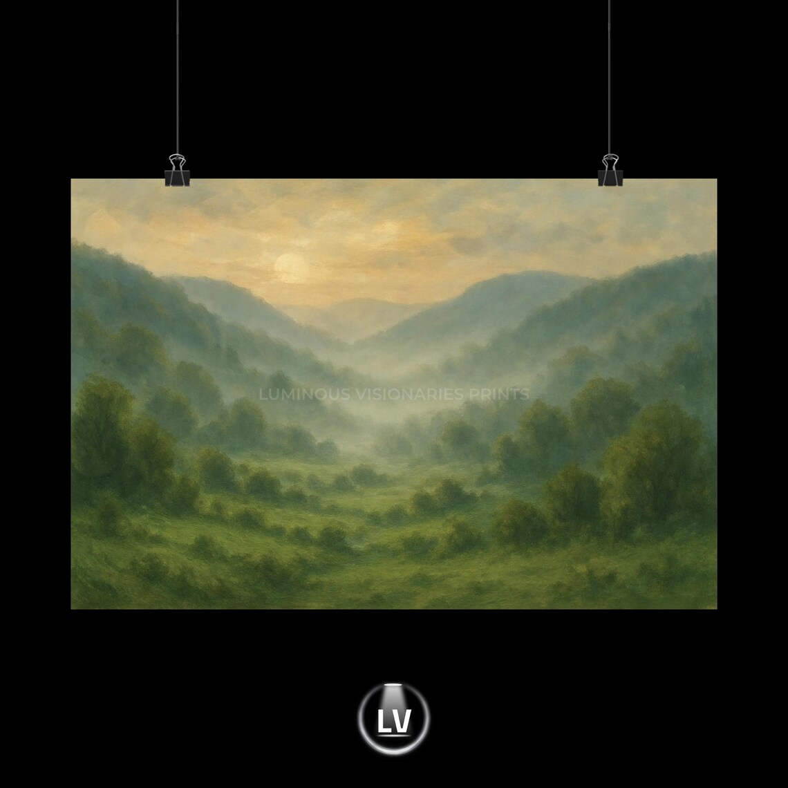 Misty Green Mountain Valley at Sunrise Serene Pastel Landscape Wall Art