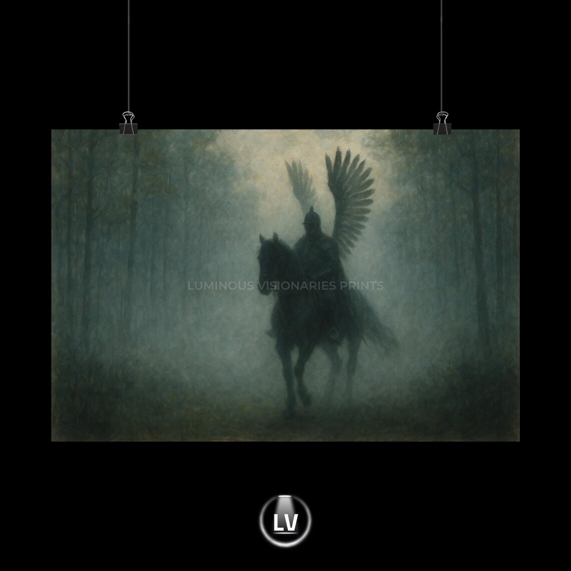 Winged Warrior Knight on Horseback Dark Misty Forest Fantasy Poster