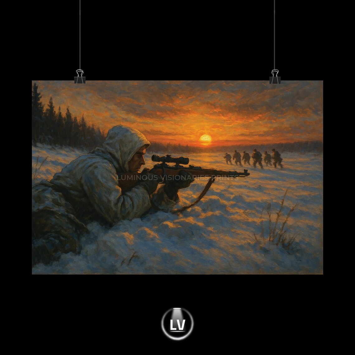 Winter Sniper Snowy Sunset Vintage Military Art Painting Poster