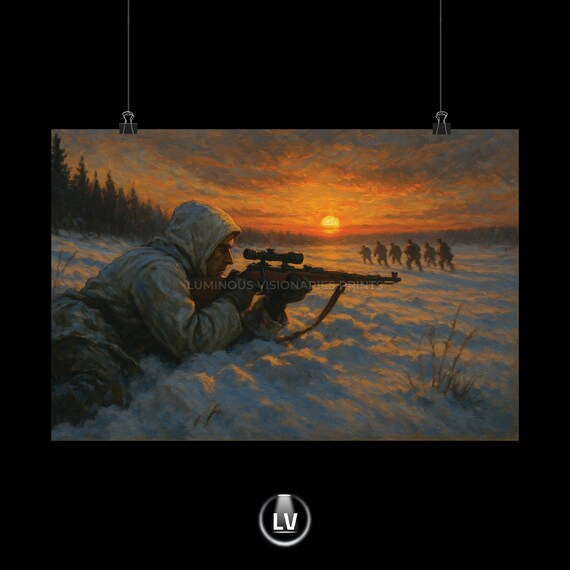 Winter Sniper Snowy Sunset Vintage Military Art Painting Poster