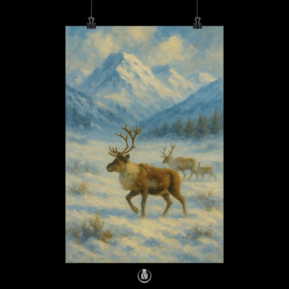 Winter Reindeer Herd Snowy Mountain Vintage Wildlife Painting Poster
