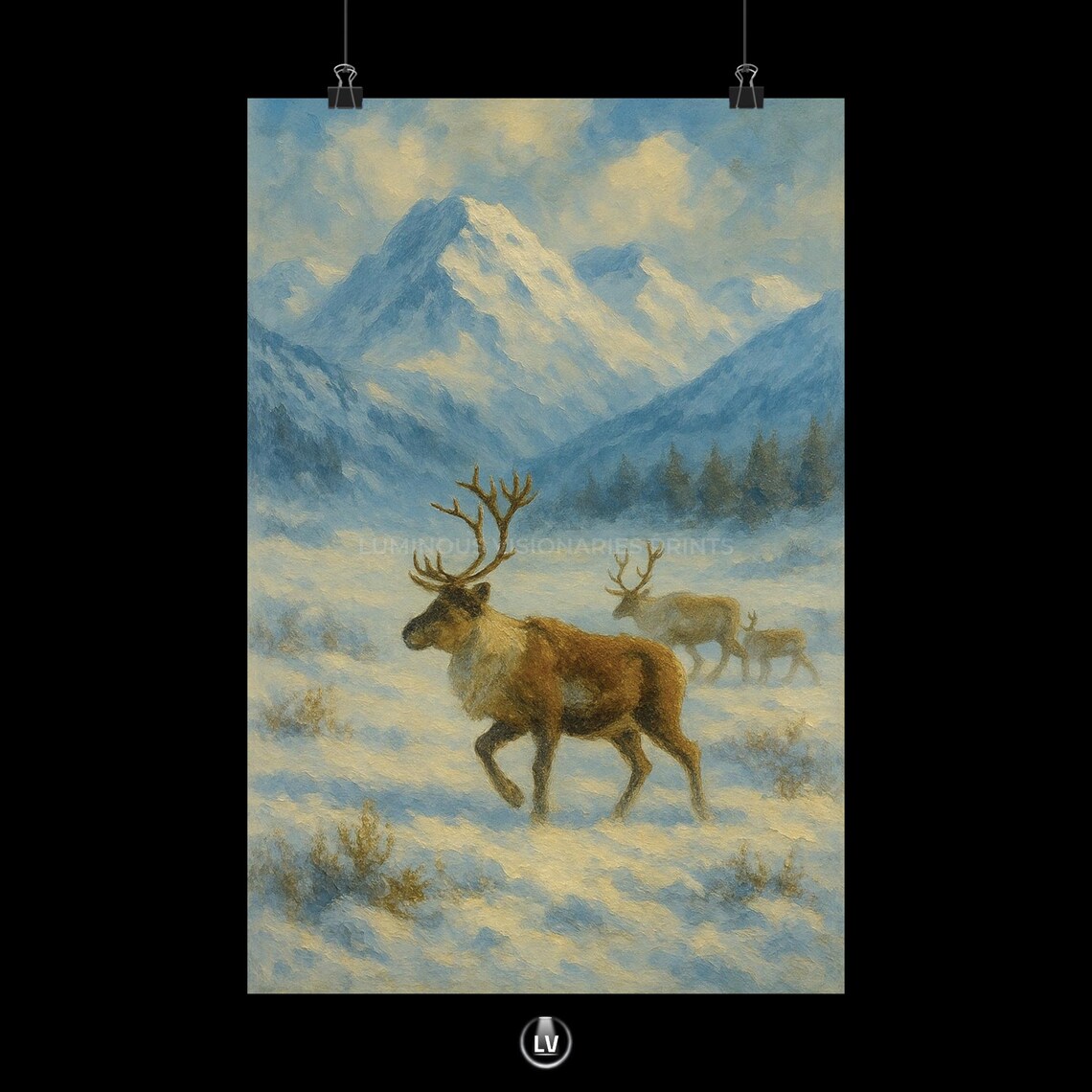 Winter Reindeer Herd Snowy Mountain Vintage Wildlife Painting Poster