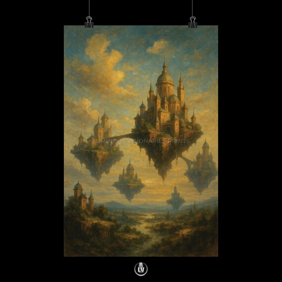 Floating Castle Islands Cloudy Sky Fantasy Oil Painting Epic Poster