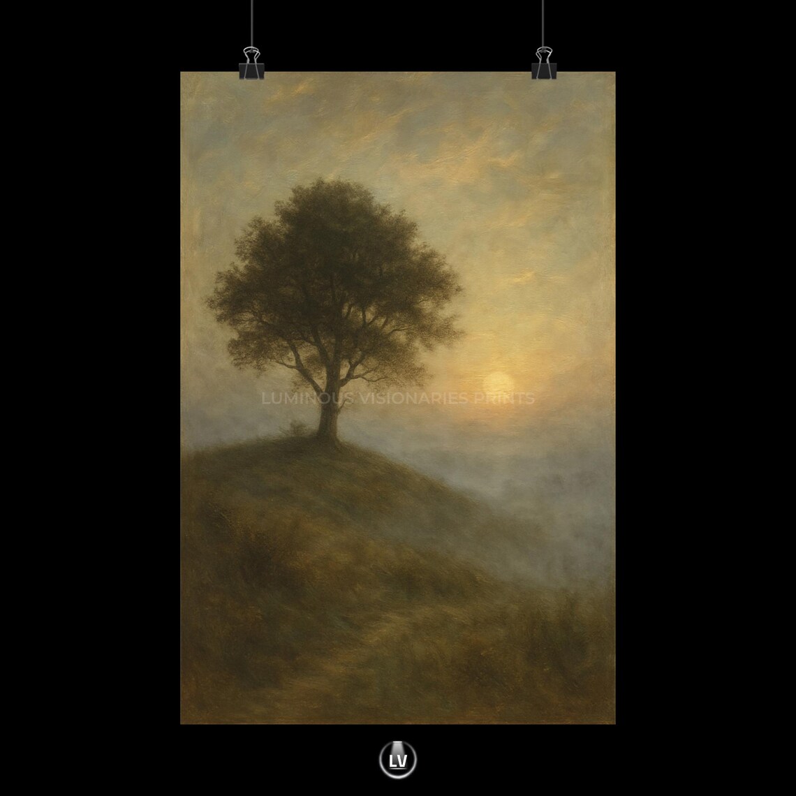 Misty Sunset Lone Tree Hill Painting Poster Moody Tonalist Landscape Art