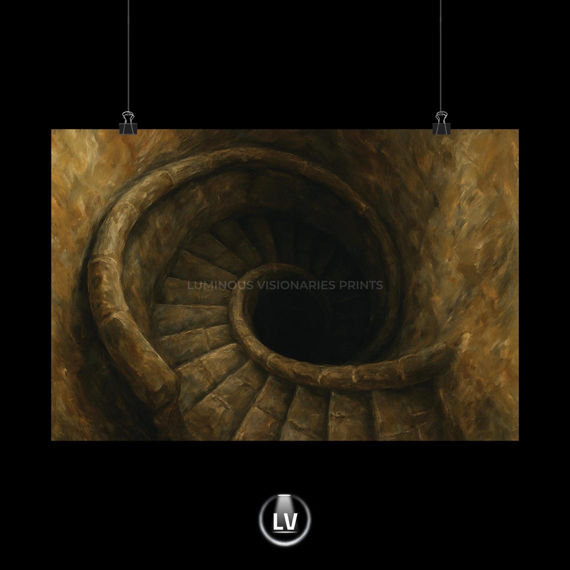Ancient Stone Spiral Staircase Descending Into Darkness Art Poster