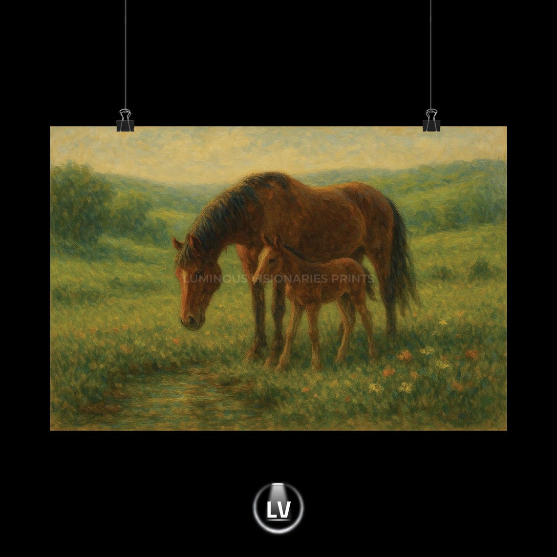 Mare and Foal Grazing in Green Meadow Vintage Painting Poster