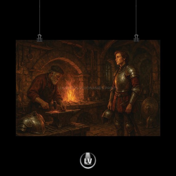 Medieval Knight Watching Blacksmith Forge Fire Fantasy Oil Poster