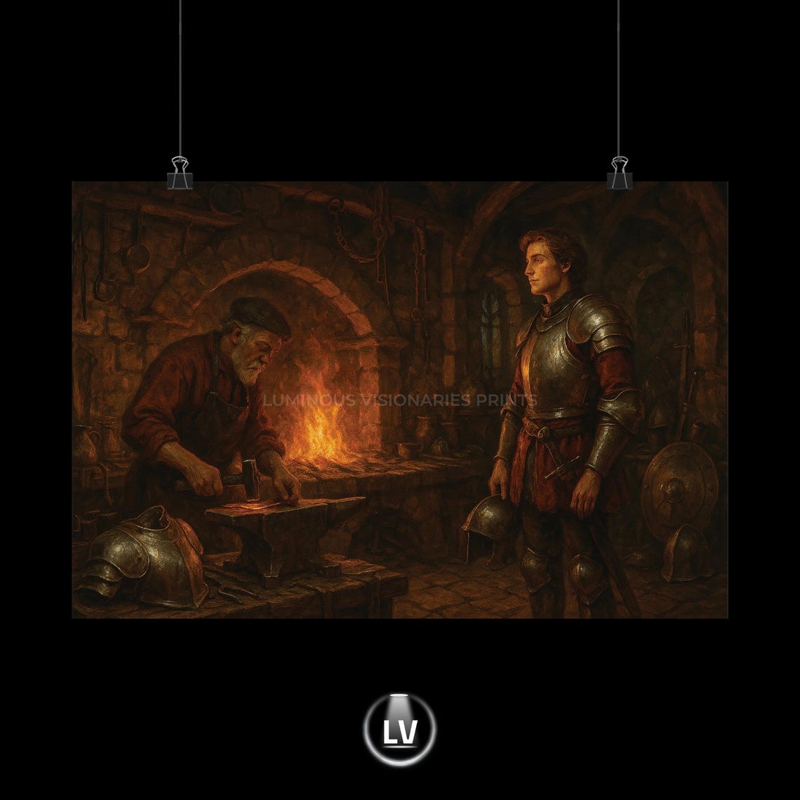 Medieval Knight Watching Blacksmith Forge Fire Fantasy Oil Poster