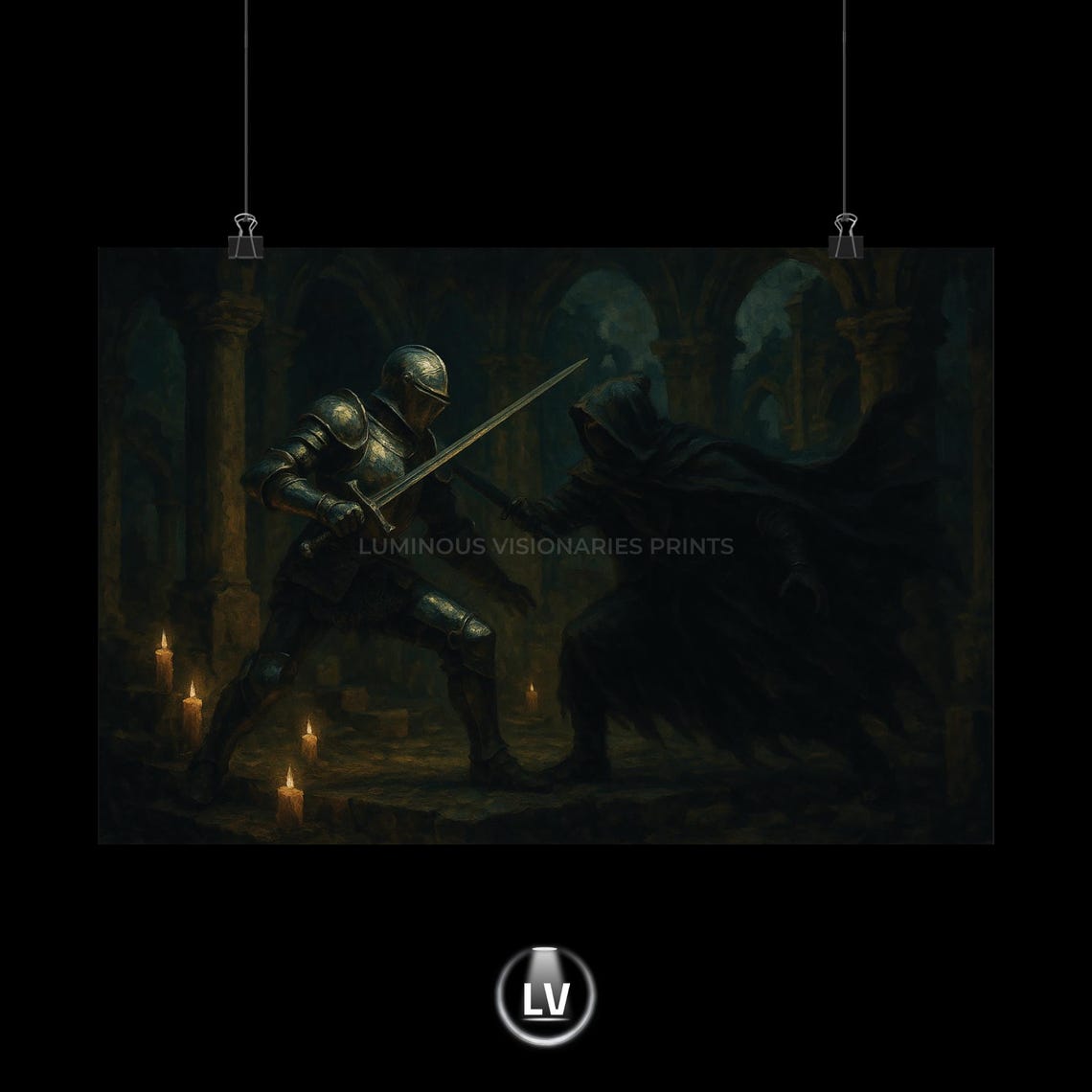Knight Versus Shadow Warrior Candlelit Cathedral Duel Fantasy Poster