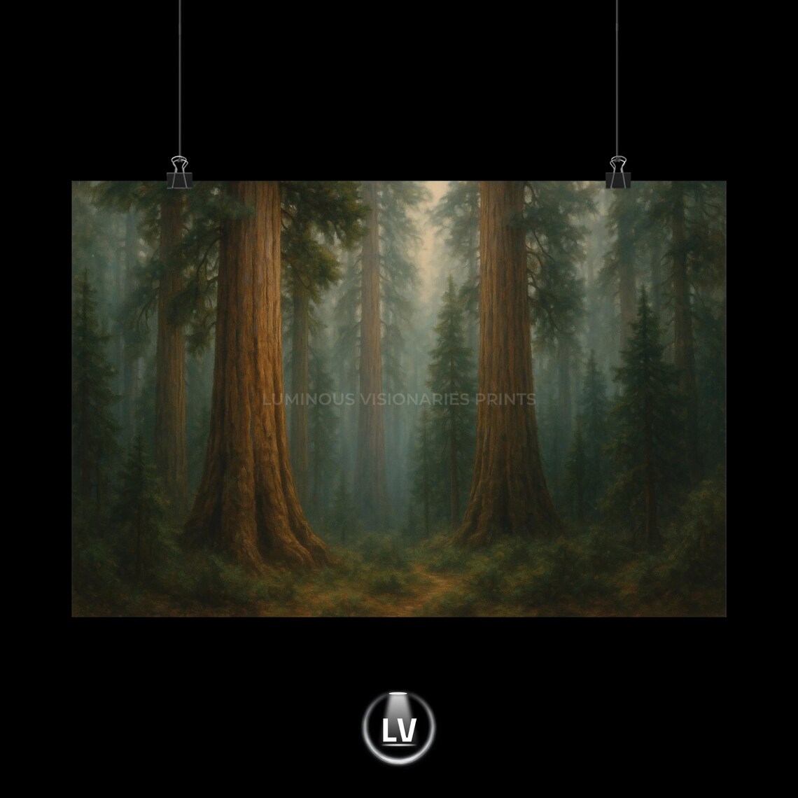 Giant Sequoia Redwood Forest Misty Trees Vintage Oil Painting Style Poster
