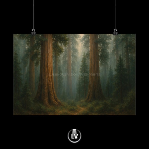 Giant Sequoia Redwood Forest Misty Trees Vintage Oil Painting Style Poster