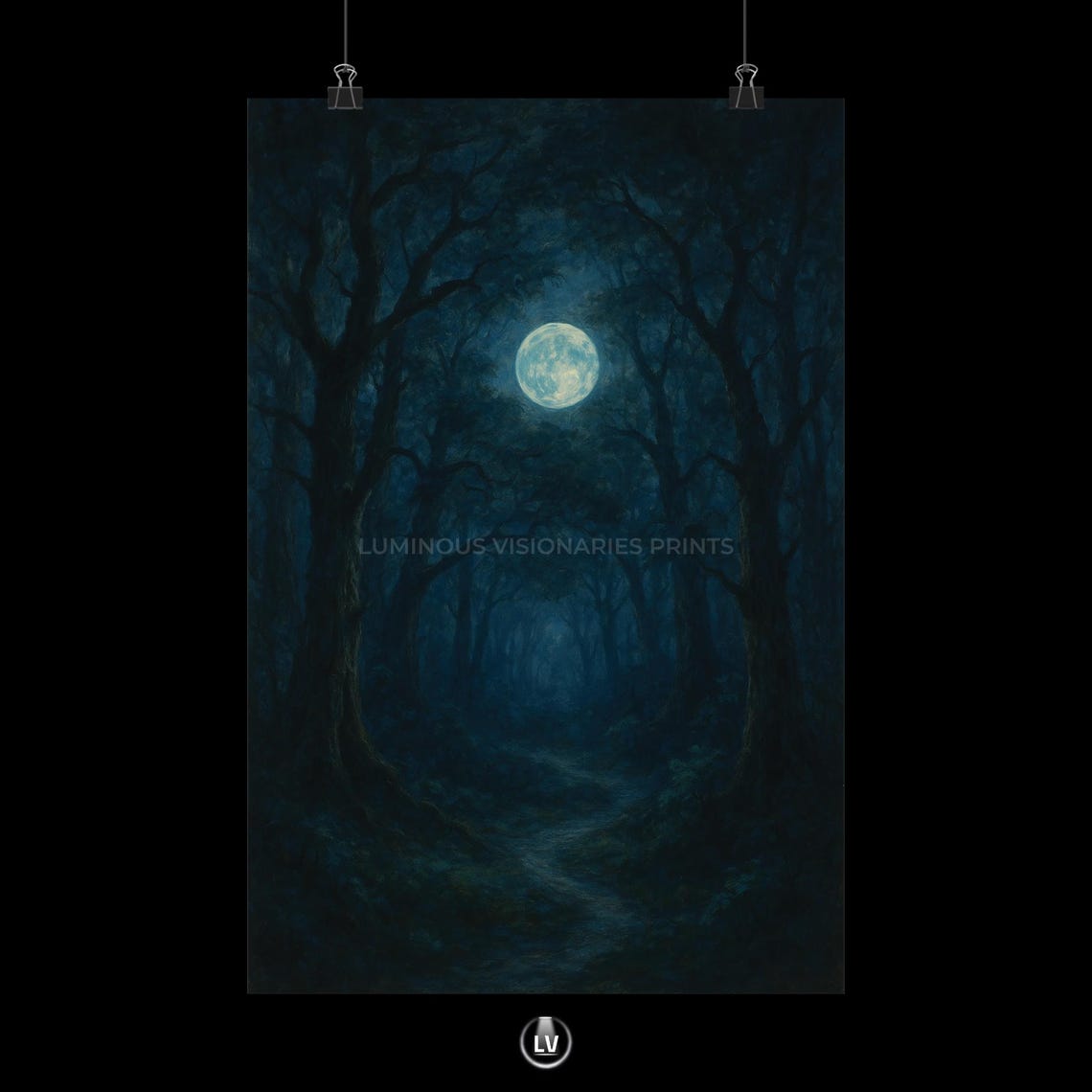 Moody Full Moon Night Forest Dark Woodland Path Mystical Art Poster