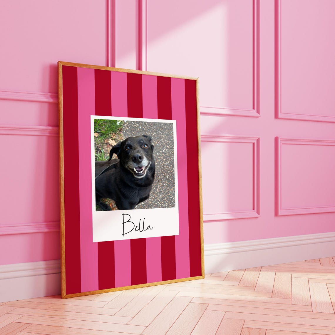 Bella Custom Black Dog Polaroid Photo Striped Pink Pet Wall Poster