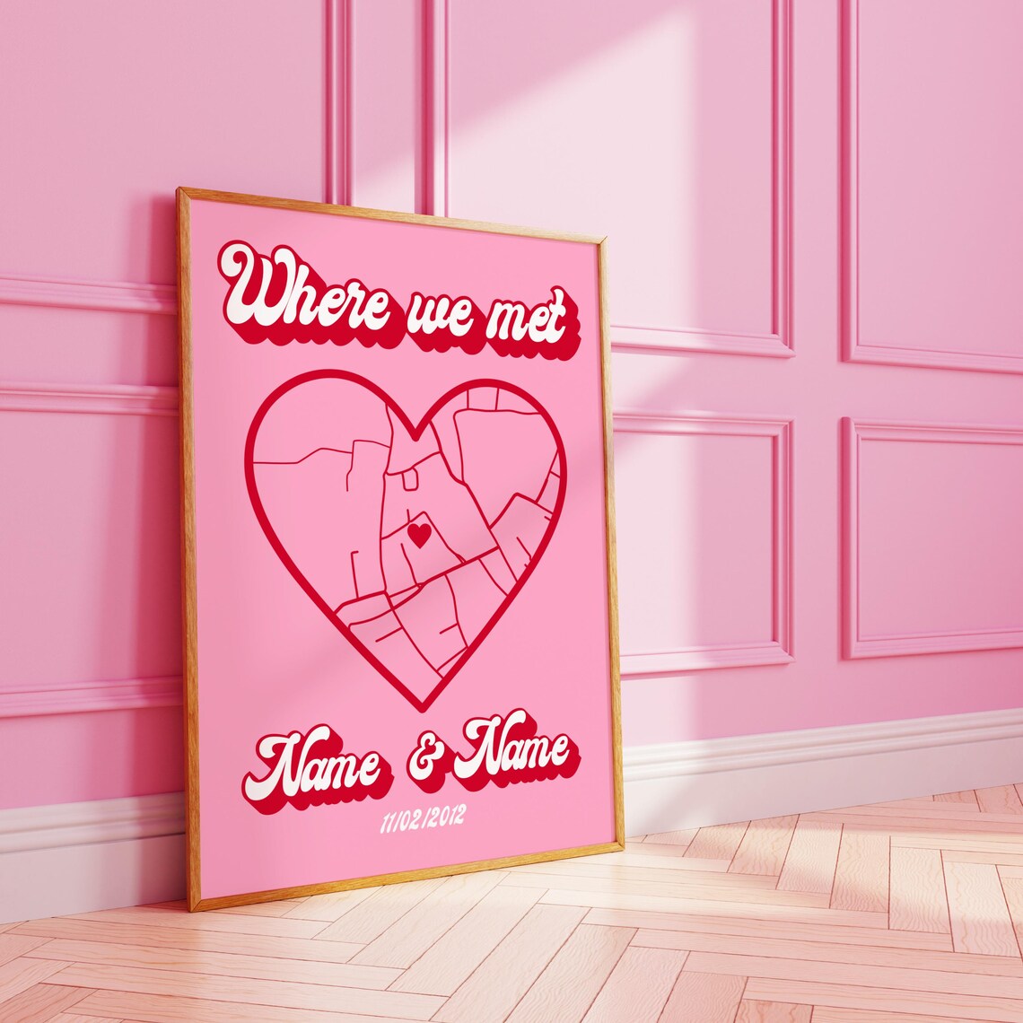 Where We Met Pink Heart Map Personalized Custom Location Keepsake Print