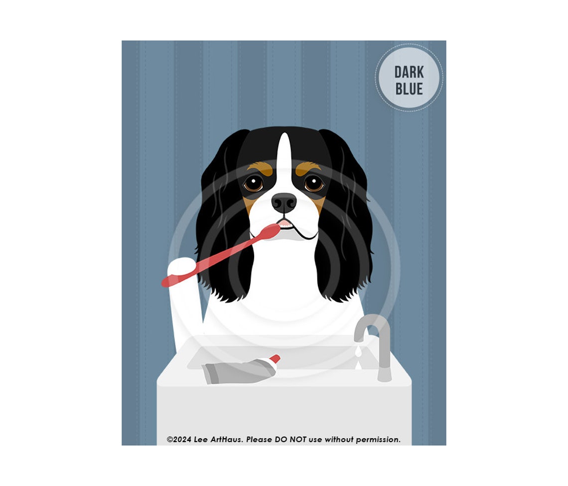 Tricolor Cavalier Spaniel Brushing Teeth Funny Dog Bathroom Poster - Image 6