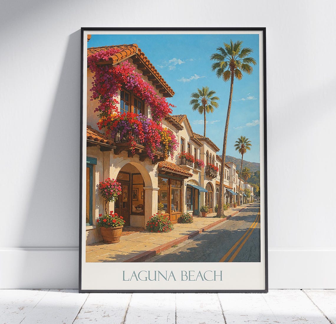 Laguna Beach Spanish Colonial Flower Street Palm Scene Poster