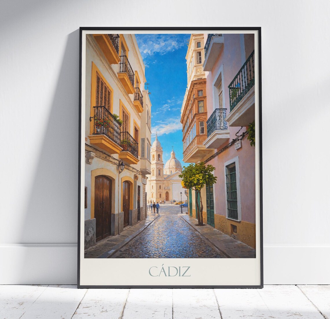 Cadiz Spain Old Town Street Cathedral Dome Painted Travel Poster
