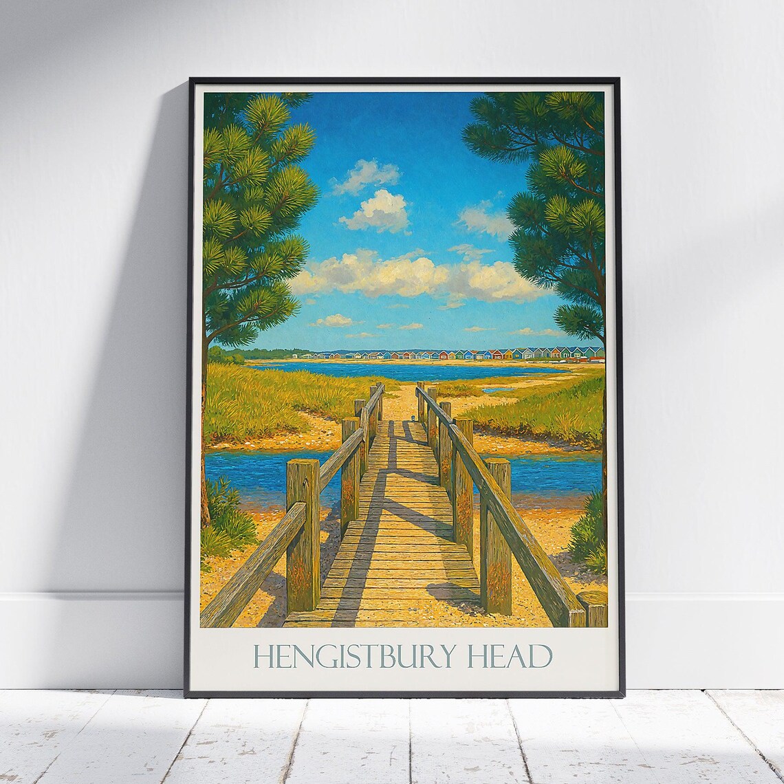 Hengistbury Head Wooden Boardwalk Colorful Beach Huts Travel Poster