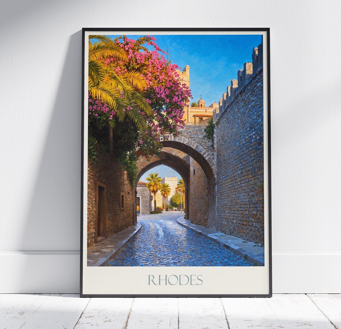 Rhodes Greece Medieval Archway Street Bougainvillea Travel Poster