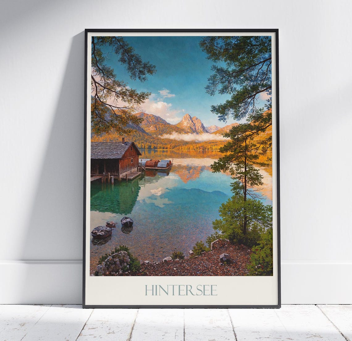Hintersee Lake Mountain Cabin Reflections Painted Travel Poster