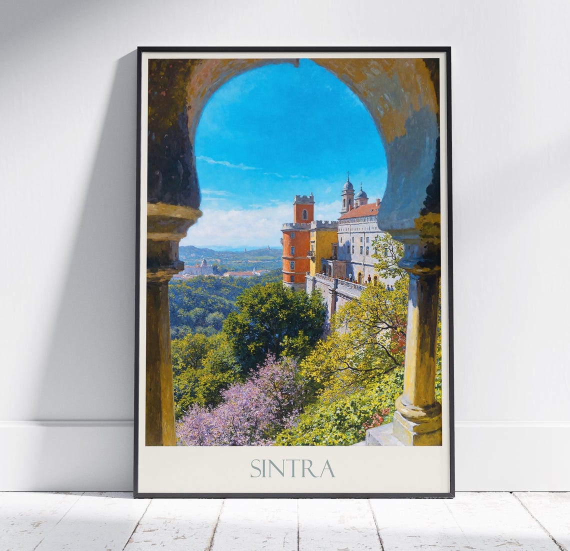 Sintra Pena Palace Painted View Through Stone Arch Gardens Poster