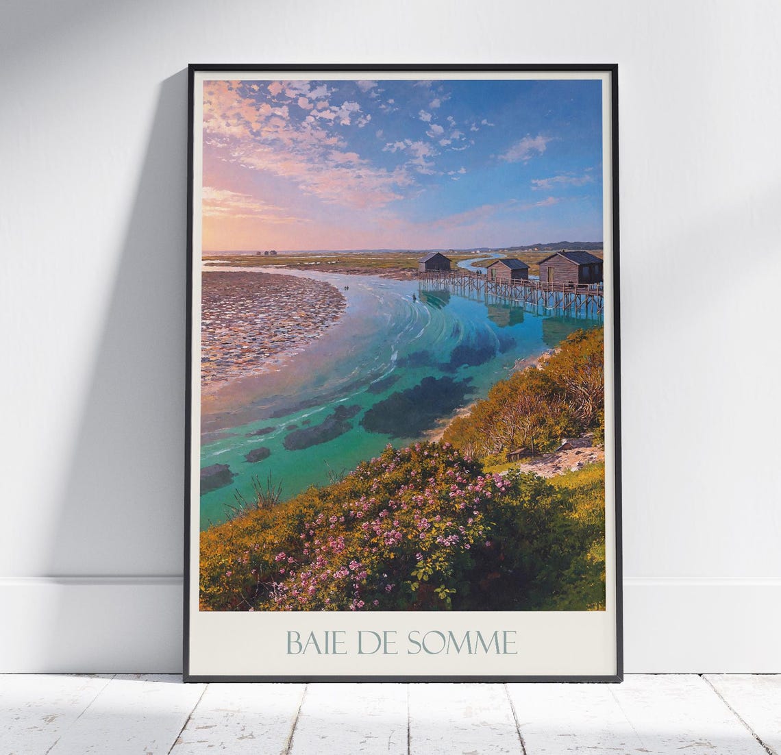 Baie de Somme France Estuary Cabins Sunset Painted Travel Poster