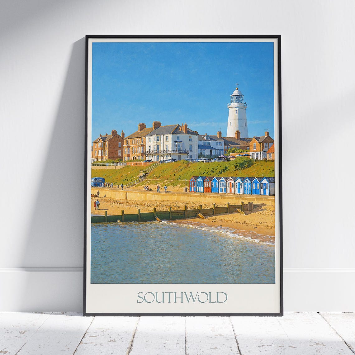 Southwold Lighthouse Beach Huts Seaside Vintage Travel Poster