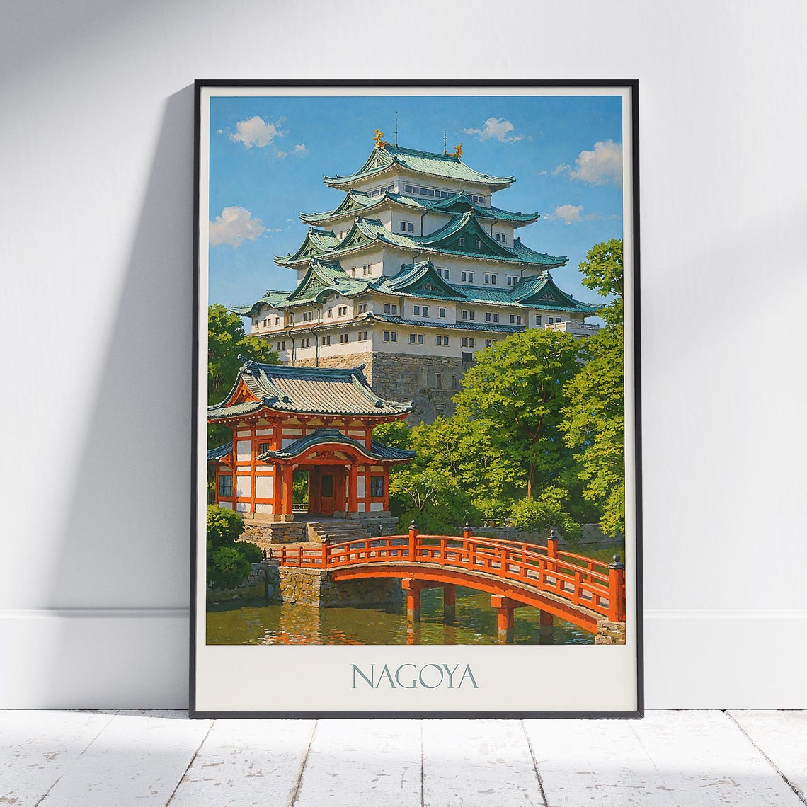 Nagoya Castle Red Bridge Temple Gate Japan Vintage Travel Poster