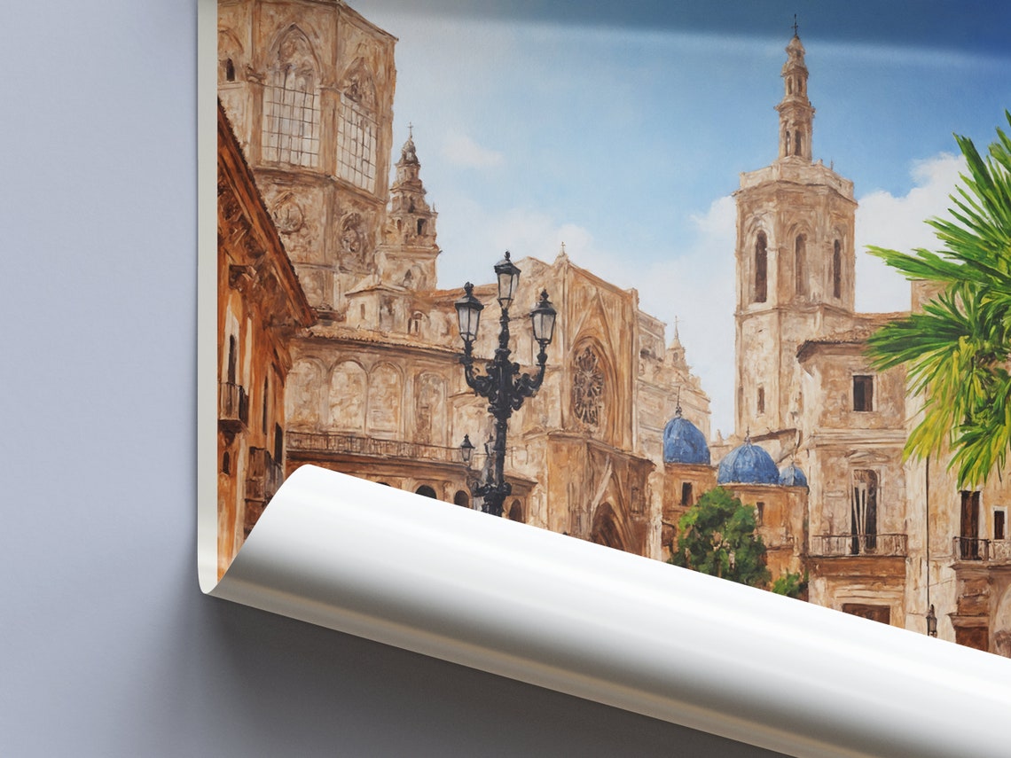 Valencia Spain Cathedral Plaza Sunny Palm Painted Travel Poster - Image 3