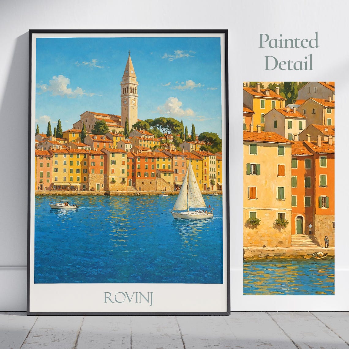 Rovinj Croatia Old Town Harbor Bell Tower Painted Travel Poster