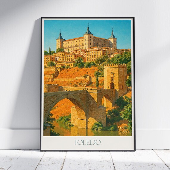 Toledo Alcazar Stone Bridge Old City Day View Spain Travel Poster