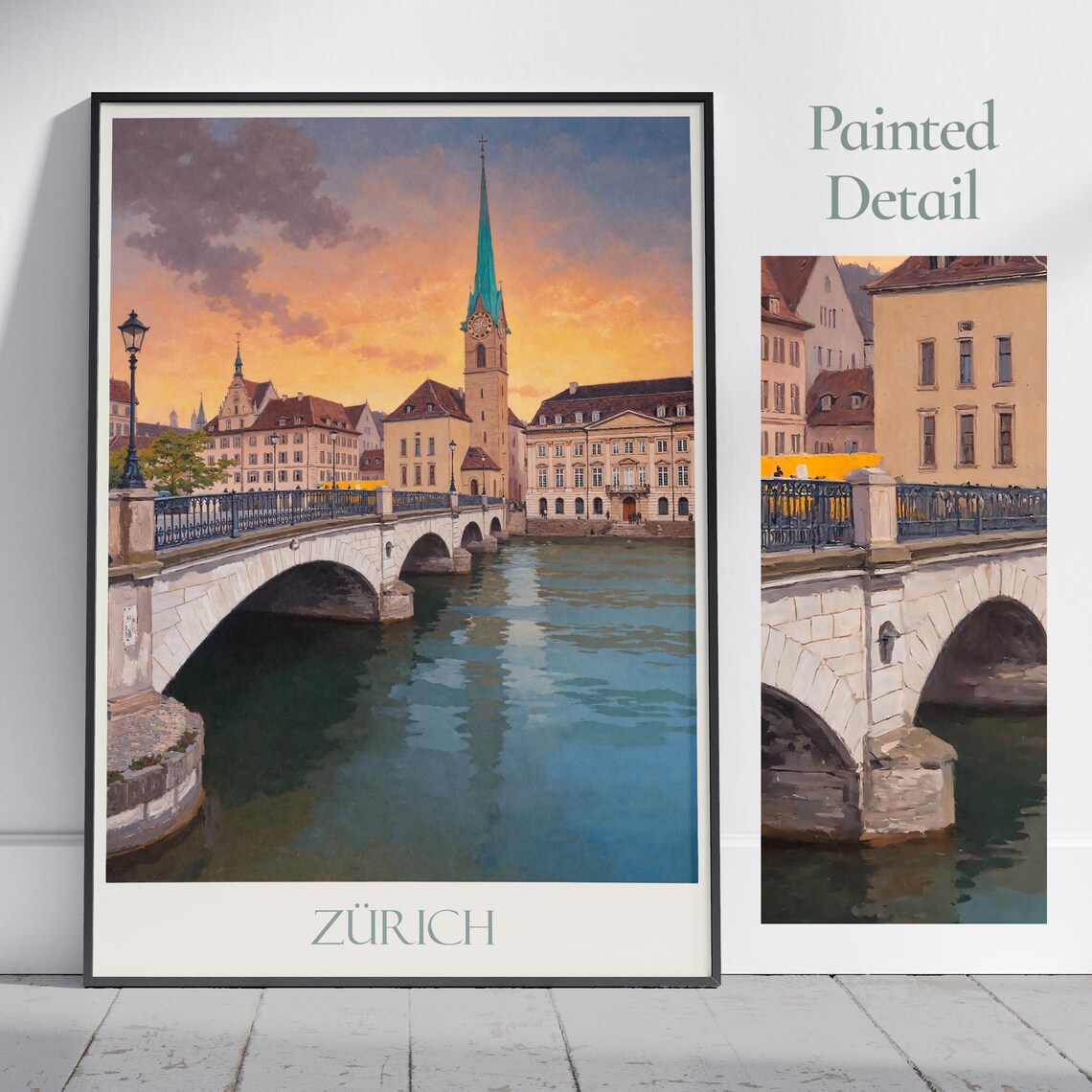 Zurich Switzerland Old Town Bridge Sunset Painted Travel Poster