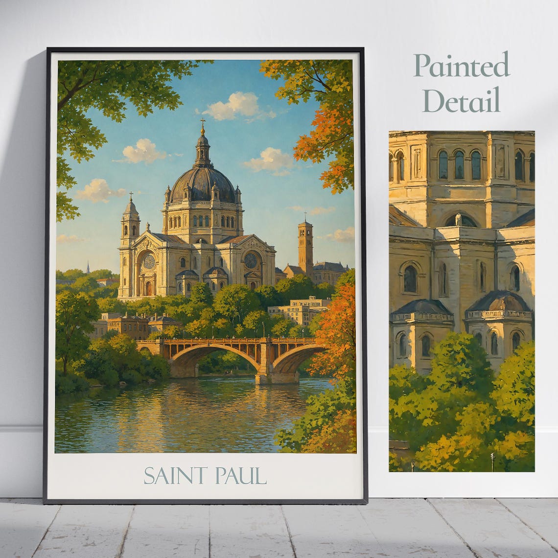 Saint Paul Minnesota Cathedral River Bridge Painted Travel Poster