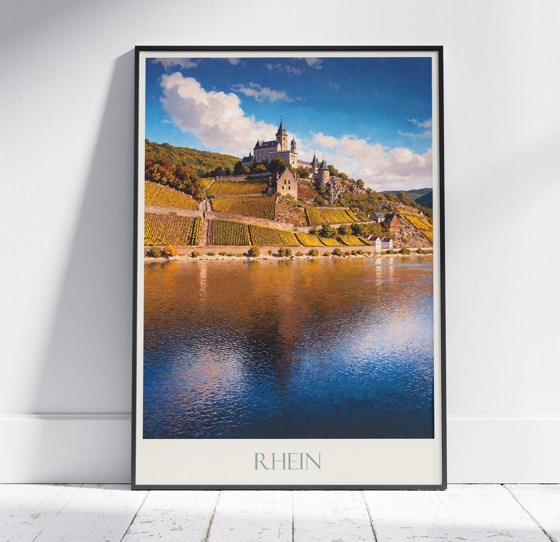Rhine River Germany Castle Vineyards Sunset Reflection Travel Poster