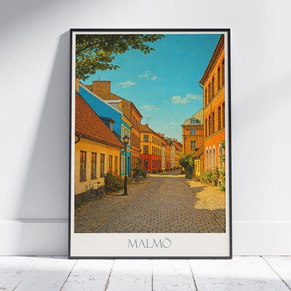 Malm Travel Poster Colorful Sweden Old Town Street Art Print Scandinavian Cityscape Decor