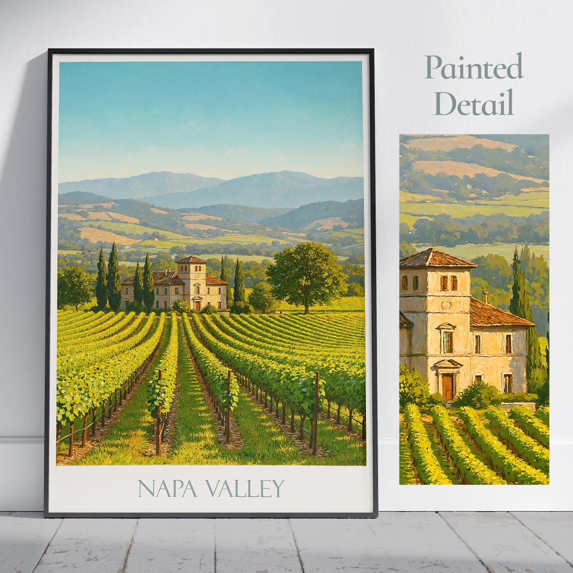 Napa Valley Vineyard Rows Italian Villa Sunny Vintage Travel Poster
