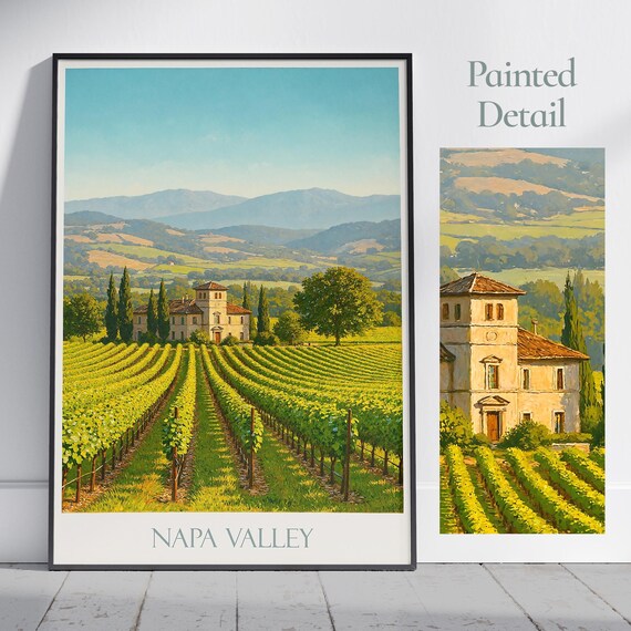Napa Valley Vineyard Rows Italian Villa Sunny Vintage Travel Poster