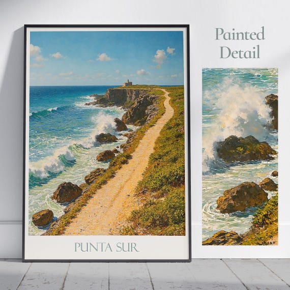 Punta Sur Travel Poster Isla Mujeres Mexico Painted Coastal Wall Art Print Framed Personalized Vacation Gift