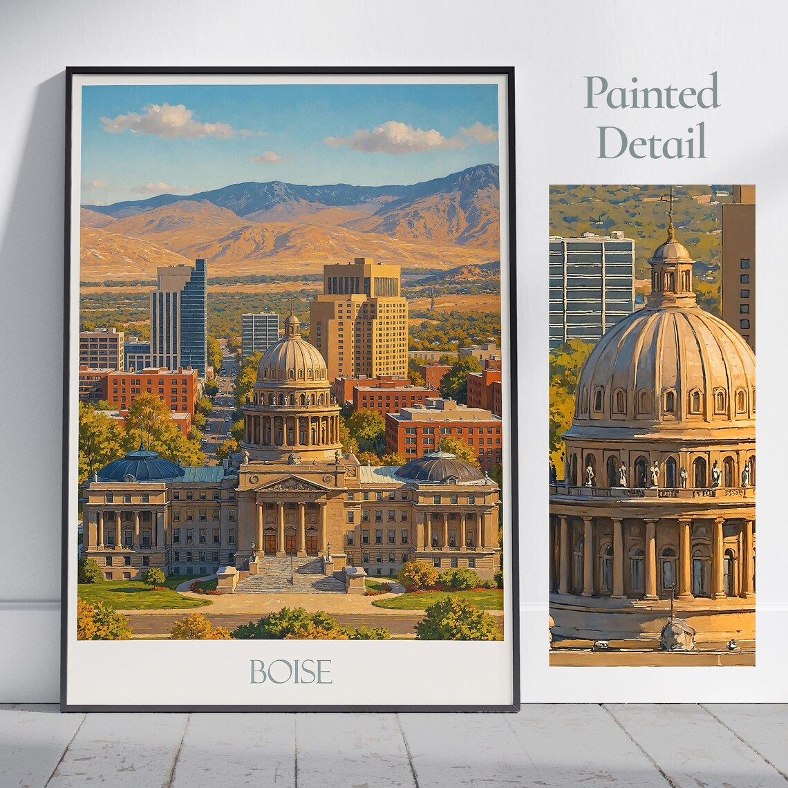 Boise Idaho Capitol Building Skyline Aerial Painted Travel Poster