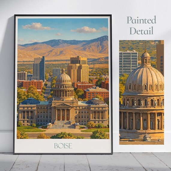 Boise Idaho Capitol Building Skyline Aerial Painted Travel Poster