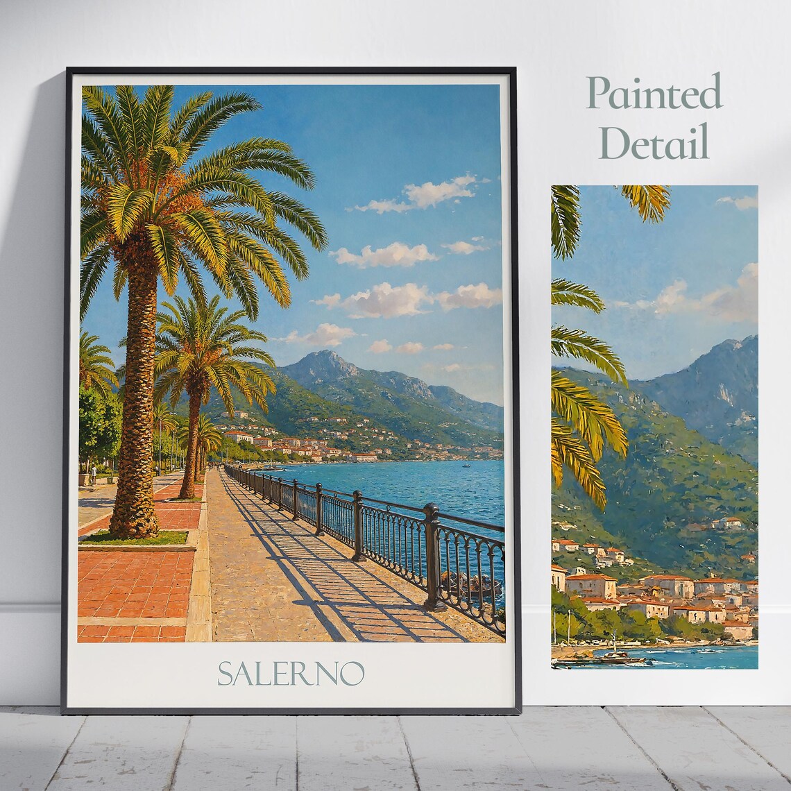 Salerno Italy Amalfi Coast Palm Promenade Vintage Travel Poster