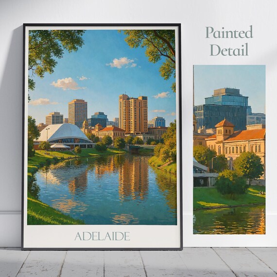 Adelaide Australia River Torrens Pavilion Skyline Reflection Travel Poster