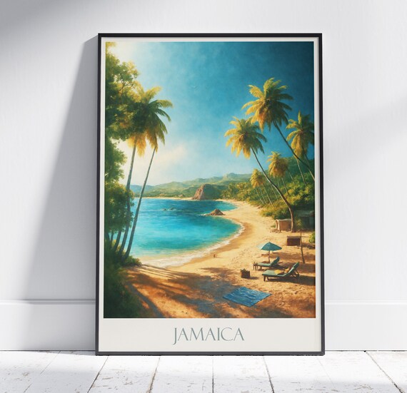 Jamaica Caribbean Beach Palm Trees Turquoise Painted Travel Poster