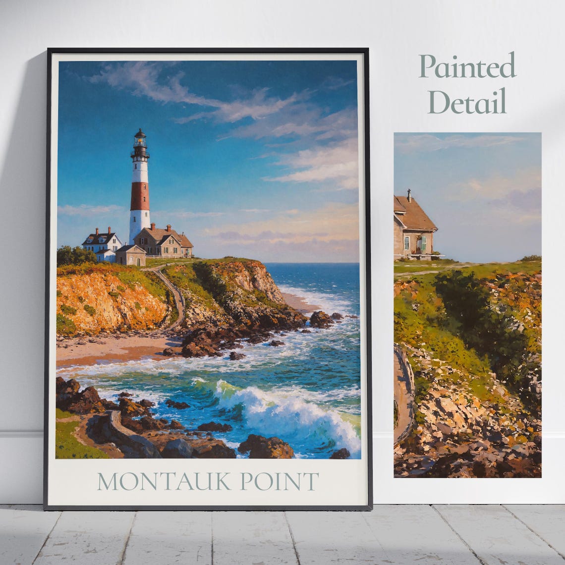 Montauk Point New York Lighthouse Ocean Waves Painted Art Poster