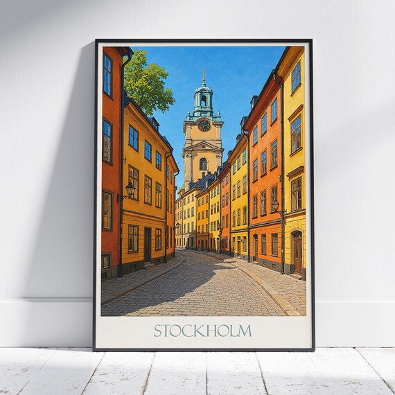 Stockholm Gamla Stan Cobblestone Street Vintage Travel Poster