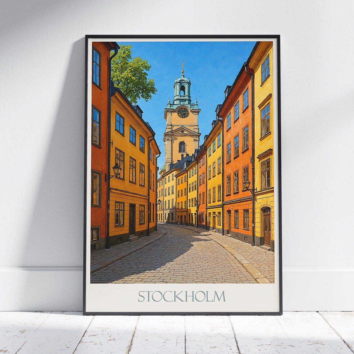 Stockholm Gamla Stan Cobblestone Street Vintage Travel Poster