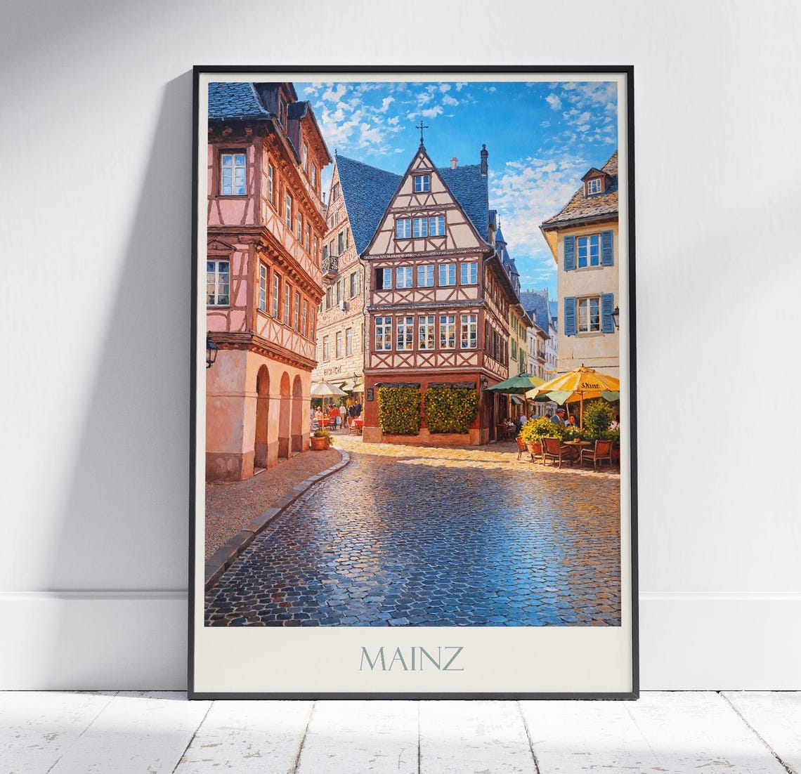 Mainz Germany Old Town Cobblestone Street Cafes Painted Travel Poster