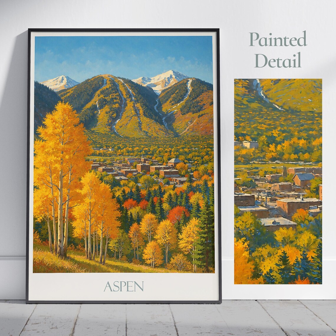 Aspen Colorado Fall Golden Aspens Town Snow Peaks Travel Poster